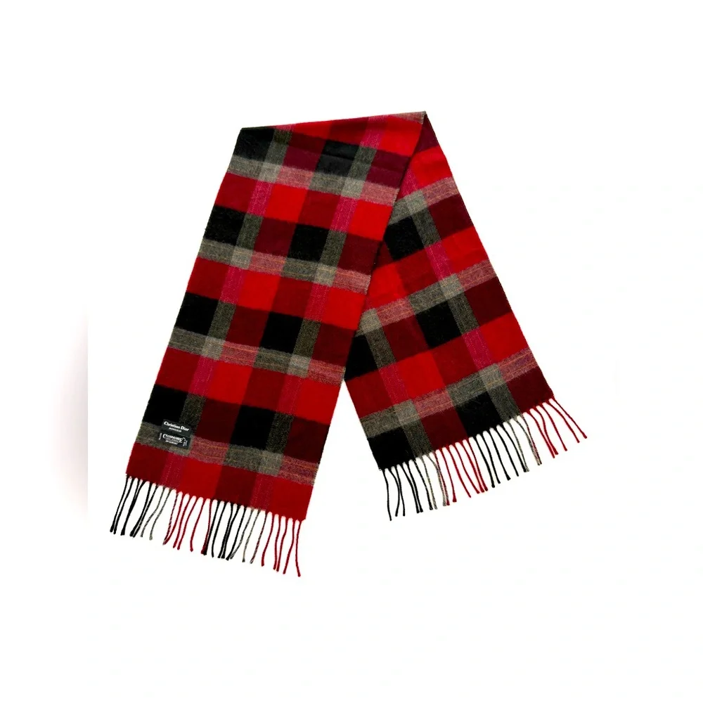Christian Dior Monsieur Plaid Fringe Red Cashmere 100% Acrylic Scarf